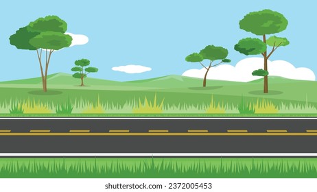 Vektorgrafik oder Illustrator der horizontalen Ansicht von Asphalt Straße.  Hintergrund von Bäumen, grünem Gras und Berg. Unter dem blauen Himmel.