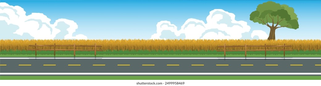 Vector or Illustrator of horizontal view of Asphalt road.  tall yellow grass of wheat fields cover the entire area. With one tree on top of grass. Under view of blue sky and white clouds.