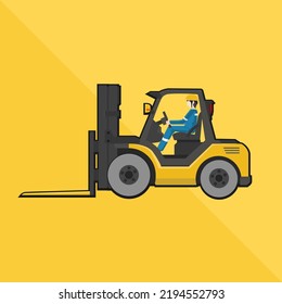 Icono vector o Ilustrador. El hombre que conduce en la suite de seguridad conduce el color amarillo del ascensor folclórico.  Cuadrado de marco con aislado color amarillo de dos tonos.