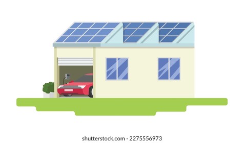 Vector or illustrator of icon solar roof technology. Electric Vehicle car in the home garage with electric charger. on isolated white background.