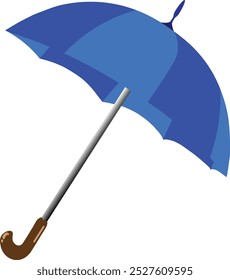 Vector illustrator icon vintage blue umbrella with metal handle and brown wooden grip, suitable for hot and rainy weather. Red dragonfly perched on the top of a flower on a bright sunny day.