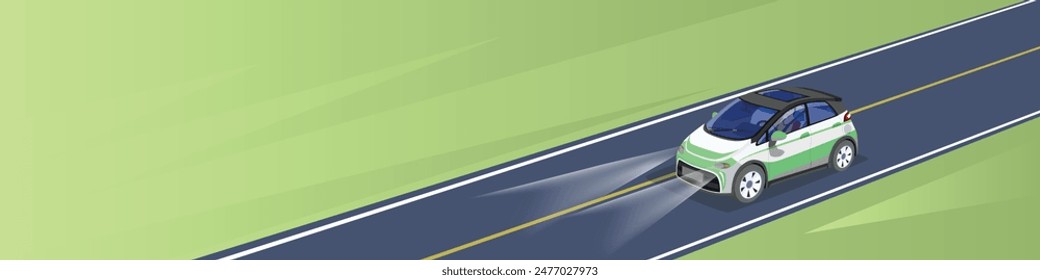 Vector or Illustrator of isometric car on the road. EV car white mix green color turn on the headlights on asphalt road. Background of green grass.