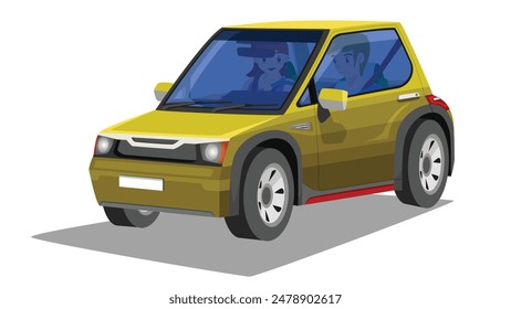 Vector or Illustrator of isometric view of yellow car. Glass transperate can view inside car. Driving man with lover go to travel. On isolated white background for textured.