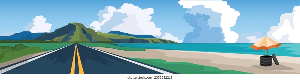 Vector or Illustrator of landscape transportation of asphalt road to the nature of mountain with sea beach on beside. Rubber rings and parasols on the beach. weather and blue sky and white clouds.