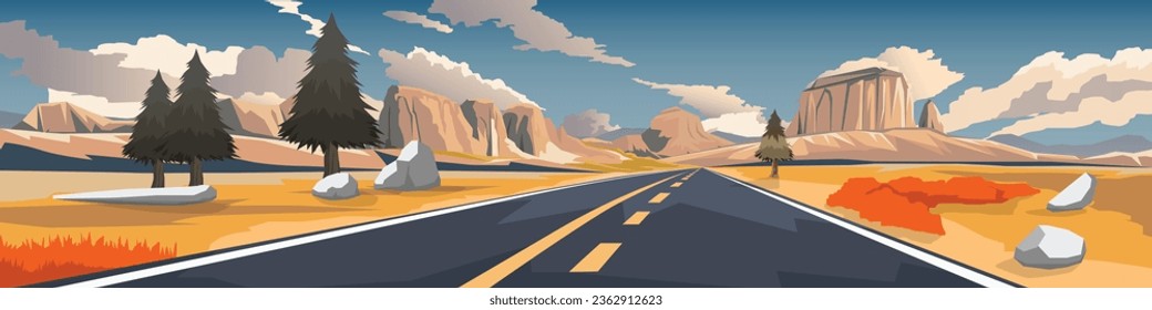 Vector or Illustrator of landscape transportation of asphalt road to the nature of big mountain range in front. Both sides of the road were filled with dry grasslands. Hot light in the evening.