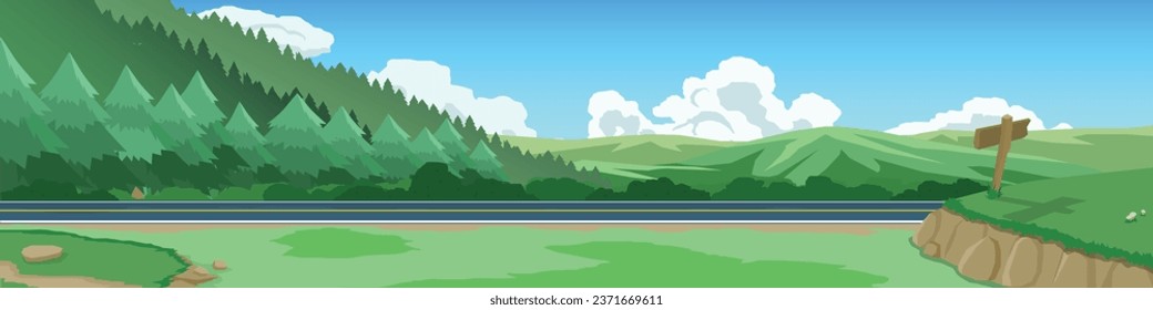 Vector or Illustrator of landscape transportation of asphalt road natural area. Front view of green  grass with road signs made of wood. mountains and pine forests are densely covered. under blue sky.