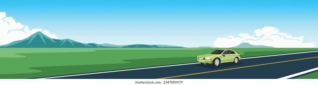 Vector or Illustrator and Landscape view. Classic car travel trip to nature on asphalt road. Road cuts across the vast plains with a complex mountainous background. Under blue sky and white clouds.