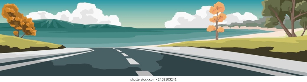 Vector or Illustrator of landscape view of empty asphalt road. Wide open field the road leading down to the vast beach. Background of sea beach and island under blue sky and white clouds.