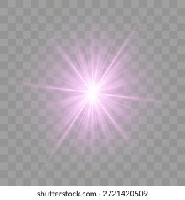 Vektorillustrator. Linsenstrahl von einem Scheinwerfer und einem Stern. Violette Sonnenstrahlen, Sonnenschein mit Strahlen, Vektorgrafik, eps 10 Lichtstern, rosa Farbe. Lichteffekte. Lila leuchtendes Licht.