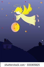 Vector illustrator the little angel hold the moon lamp on the sky