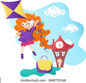 Vector illustrator. Little girl on her first, last or first day of school. Cute style. Great for a card to celebrate this special day. Back to school