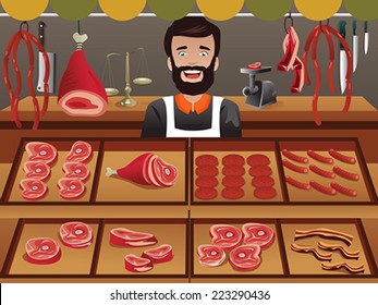 A vector illustrator of meat seller in a farmer market