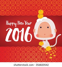 Vector Illustrator of Monkey in Chinese Zodiac with Oranges, coins for New Year Celebrate on White Background