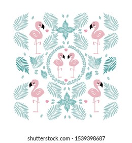 vector illustrator pattern and elements of flamingos and tropical leaves in pink and blue colors
