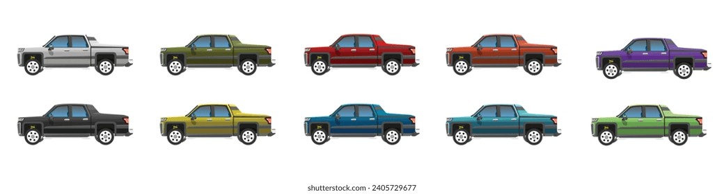 Vector or Illustrator of pickup cars colorful collection. Design of cargo double pickup truck with driving. Colorful cars with separate layers. On isolated white background.