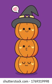 Vector illustrator pumpkins wear hat in cartoon on purple background. Halloween concept. Kawaii