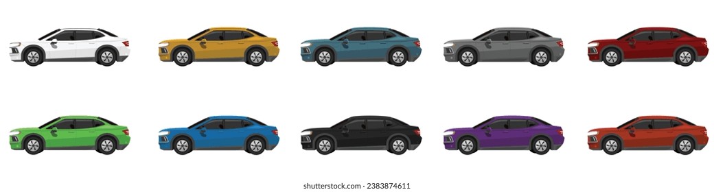 Vector or Illustrator of sedan cars colorful collection. Design of electric vehicles car. Colorful cars with separate layers. On isolated white background.