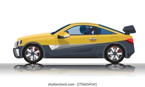 Vector or Illustrator side design of sport race car with driving man. Can view interiror and shadow of car reflected on the surface. Isolated white background.