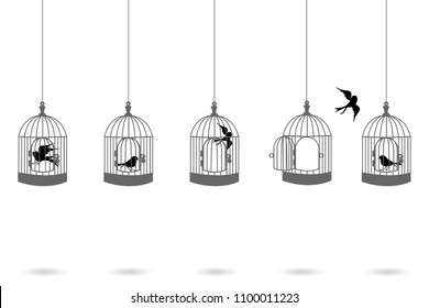 Vector illustrator silhouettes  : one of birds flying escape from bird cages. Freedom concept.