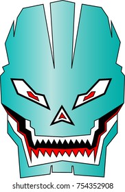 A vector illustrator of a skull head colored in light blue with sharp edges and shark teeth design colored in while black and red and with eyes same color to match the teeth