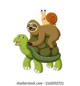 vector illustrator of sloth and snail riding a turtle