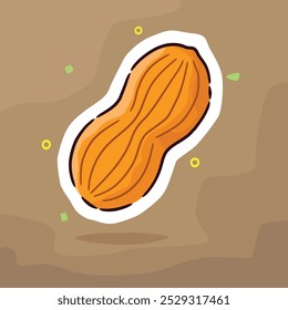 A vector illustrator of sticker cartoon illustration features a single vibrant orange peanut with brown background for sticker, print, or design element