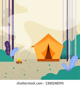 Vector Illustrator. style background with mountains, forest, camp fire and tourist tent. holiday