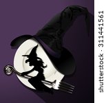 Vector illustrator of Which paper on silver fork, white plate and witch hat on  black background. Halloween concept