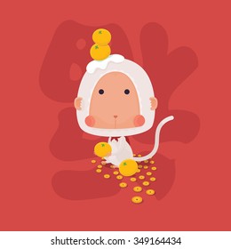 Vector Illustrator of White Monkey in Chinese Zodiac with Oranges, coins and Chinese Character that mean Good Fortune for 2016 New Year Celebrate