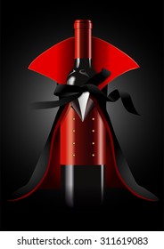 Vector illustrator of Wine Bottle in Dracula Costume on black background  Halloween concept