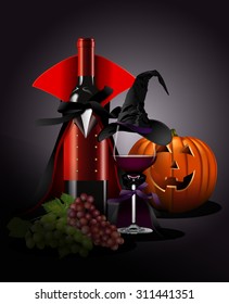 Vector illustrator of Wine glass and Bottle in Dracula and witch Costume with pumpkin, grape. Still life style. Halloween concept