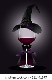 Vector illustrator of Wine glass in Witch Costume on black background  Halloween concept