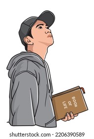 vector illustrator of a young man in a hat holding a book, a man holding a book looking up. isolated on a white background