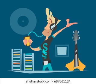 Vector illustrator of young music fan listening music