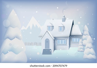 Vector. Illustrator.Landscape  New Year's holiday Christmas greeting card. Beautiful winter snowy house in the woods with Christmas trees on a blue background.