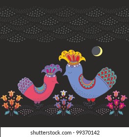 Vector illustratoun with couple on birds on dark illustration