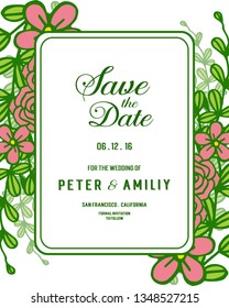 Vector illustreation wedding invitation template decorated with rose wreath frame hand drawn