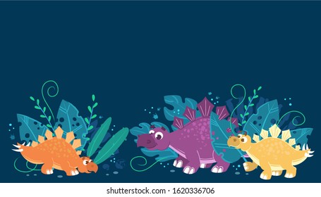Vector illustretion of Stegosaurus family standing in exotic plants.