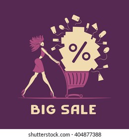 Vector illustrstion big sale. Girl with shopping cart.