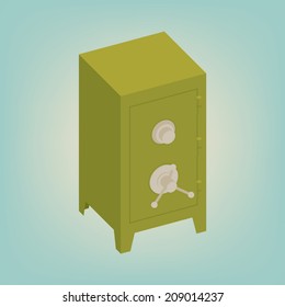 Vector illustrtation of closed green safe of bright blue background