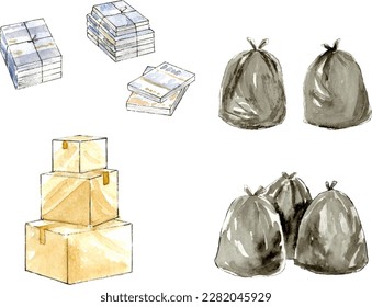 Ilustración vectorial de cajas de cartón, bolsas de basura y libros usados pintados por acuarela