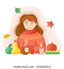 Vector illustrtion girl enjoy autumn  with hot cup of tea near pumpkins and autumn leaves, candles.