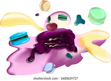 Vector illustrtion with macarons and blueberry  pie in the center, color splash on the background