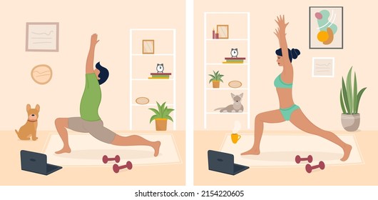 Vector illustrtion man doing yoga in her apartment with dog