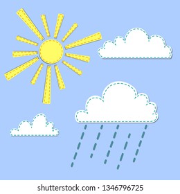Vector illustrtion with sun, rain and 3 clouds. imitation of craft application.
