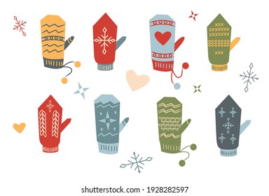 Vector illusttration. Set of mittens icons. Color. Cute doodle style. Children cute style. Design for card, web, clothes. Holidays winter christmas collection.