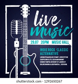 Vector Illutration Banner With An Acoustic Guitar And A Microphone For Concert, Live Music And Party
