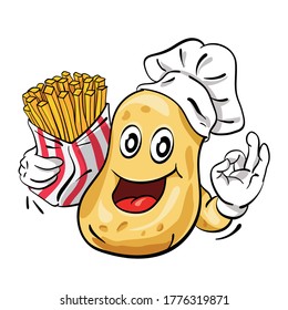 Vector illutration of a potato chef showing ok hand sign, holding a box of french fries