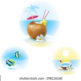 Vector illuystration of coconut cocktail on a beach