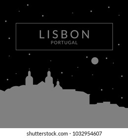 Vector illystration of Lisbon city. Silhouette. Night Lisbon, Portugal. Post card. Print designfot clothes. Poster.